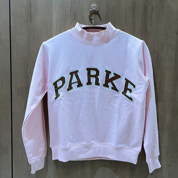 Parke Sweaters - PARKE Light Pink Mock Neck Varsity Sweatshirt